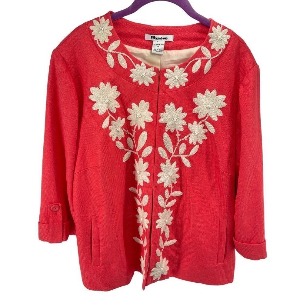 Peter Nygard Womens Floral Embroidered Blazer 3/4 Sleeve Pocket Pink 16